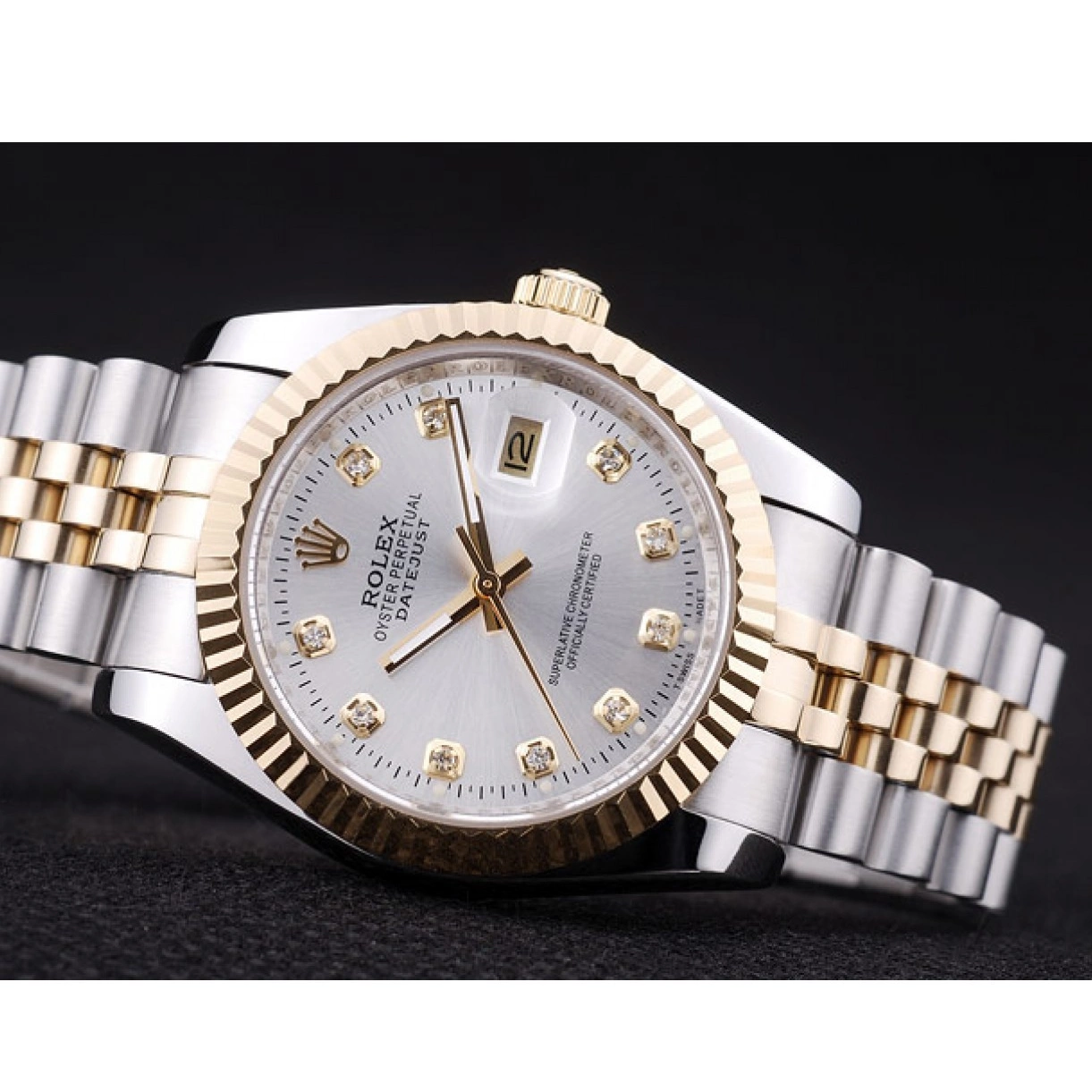 AAA replica watch Rolex 7454 Silver Diamonds Datejust Bezel Ribbed Dial 0210