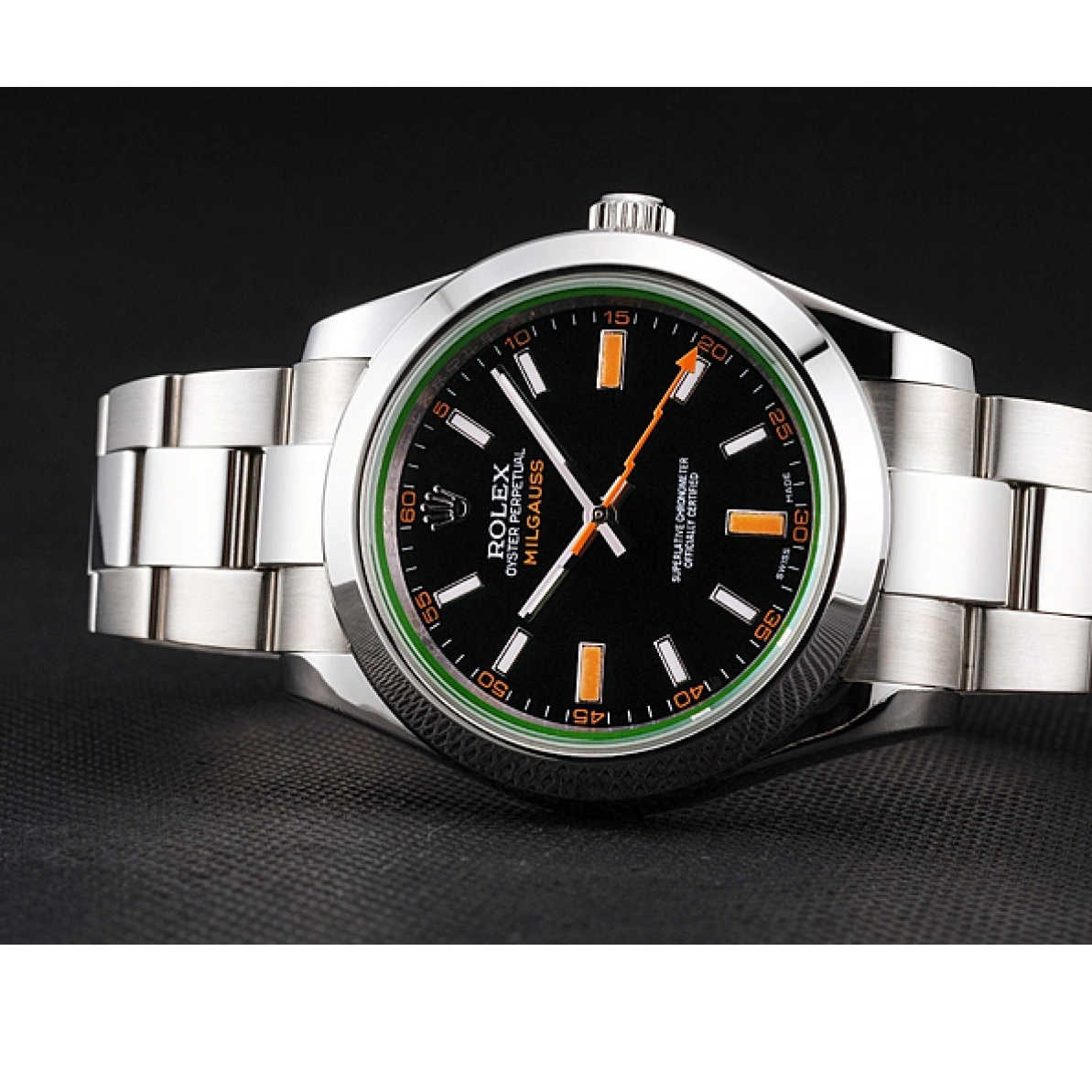 Good copy rolex watches And Bracelet Markings Rolex Black Swiss Milgauss Orange Dial Steel Case Stainless 0226