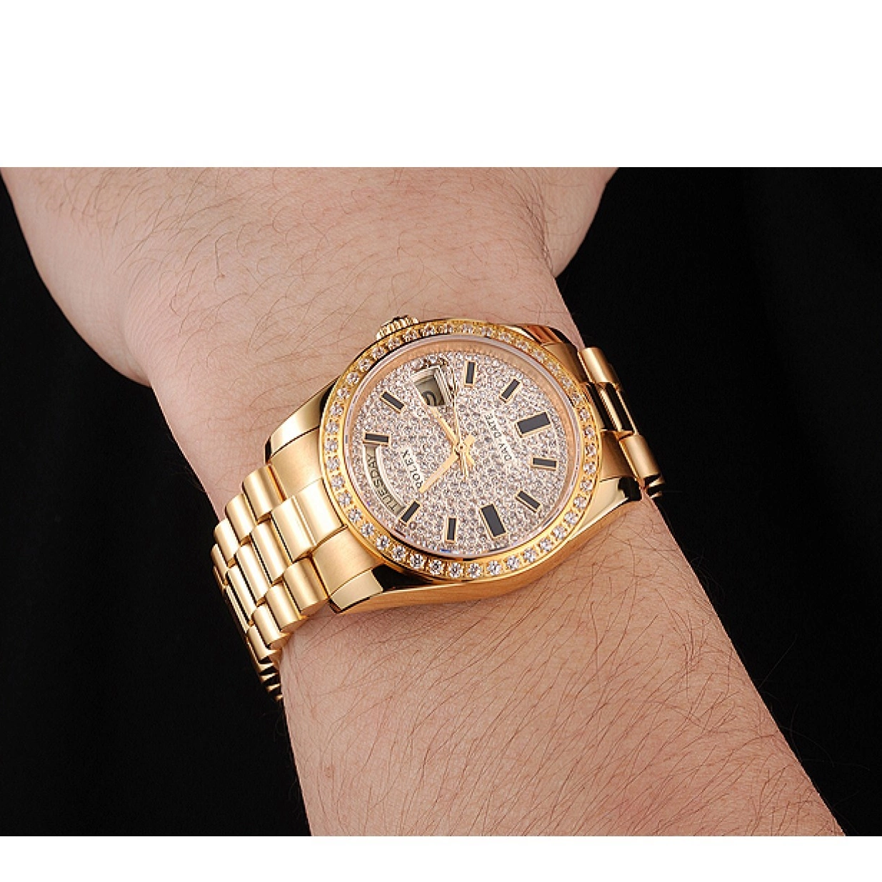 Rolex aaa copy Diamond Bezel Date Bracelet Case Swiss And Day Gold Pave And Rolex Dial 0210