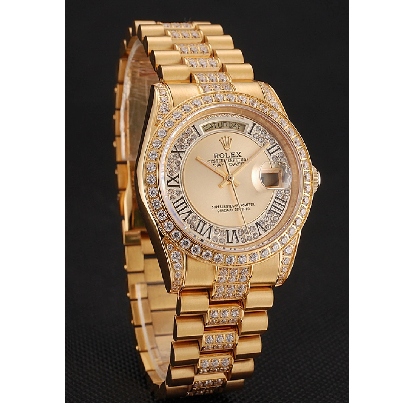 AAA replica watch Gold Diamond Diamond Dial Gold Swiss Bracelet 1453954 Pave Rolex Day-Date 0213