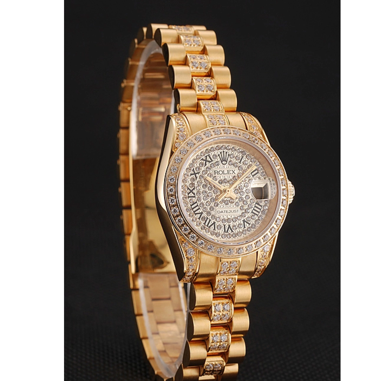 Good copy rolex watches Diamond Dial Pave Swiss Bracelet Diamond Gold 1453955 DayJust Rolex 0216