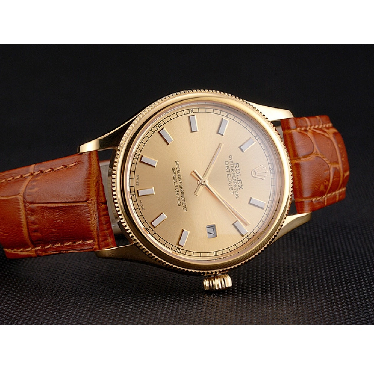 AAA replica watch Light Dial Gold Brown Datejust Swiss Leather Case Gold Strap Rolex 0212