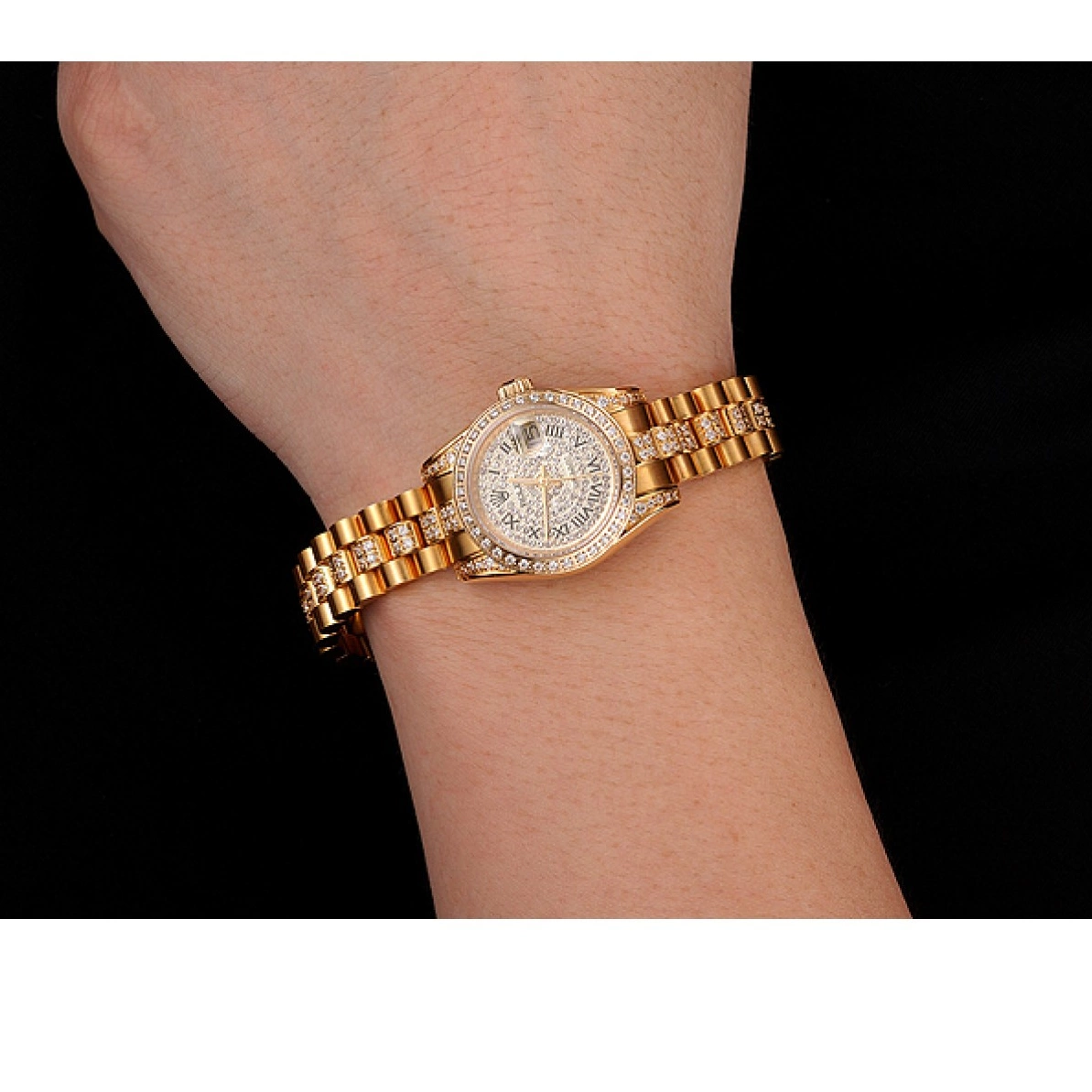 Good copy rolex watches Diamond Dial Pave Swiss Bracelet Diamond Gold 1453955 DayJust Rolex 0216