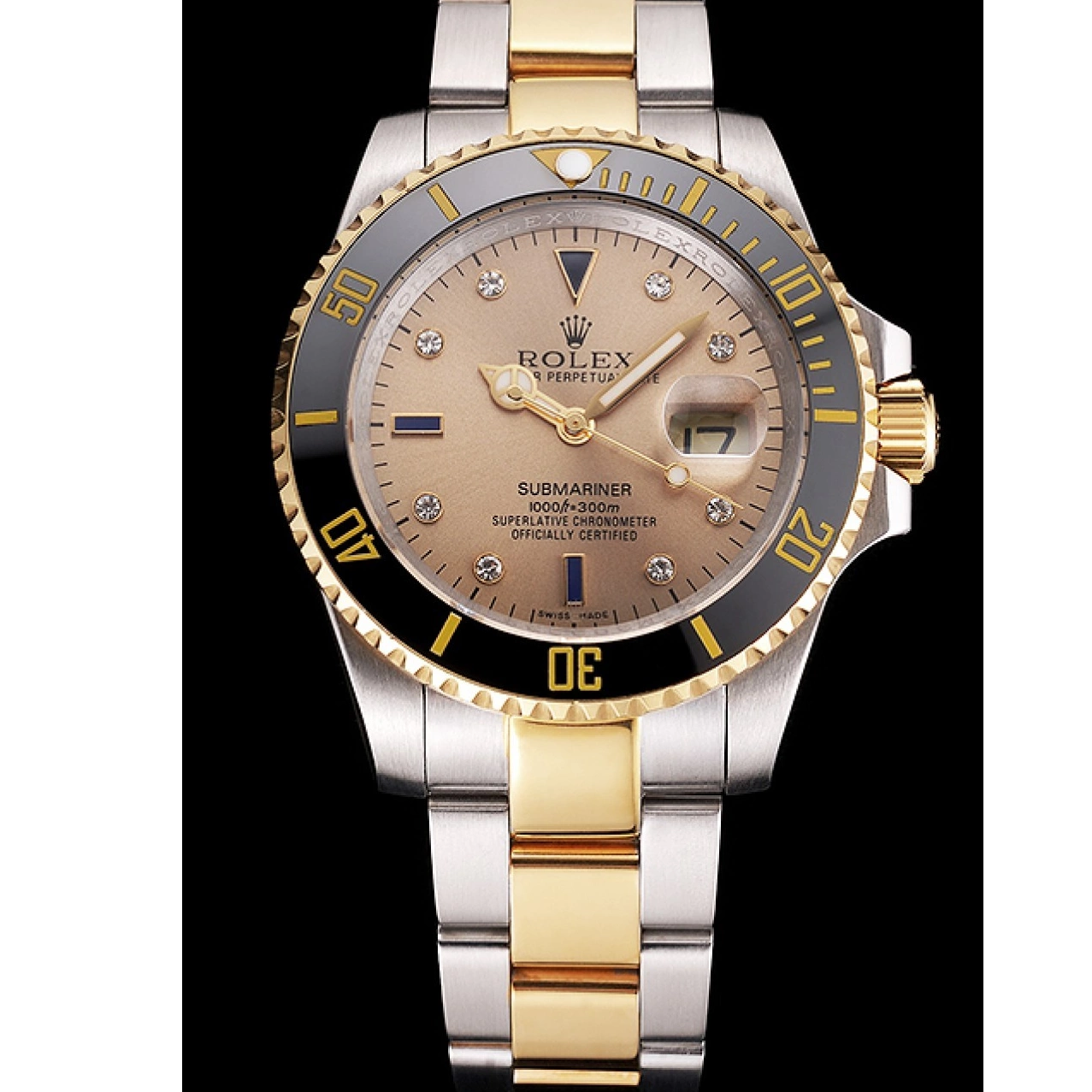 Good copy rolex watches Bezel Rolex Submariner Tone Gold Gold Black Steel Diamond Swiss Markings Bracelet Dial Two 0210