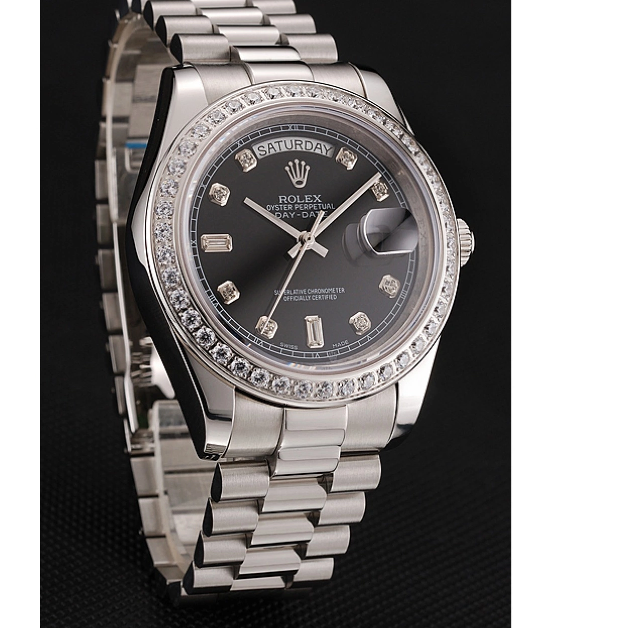 Rolex copies cheap Diamond Bracelet Case Day-Date Steel Diamond Swiss Rolex Dial Stainless Numerals Black 1453966 0212