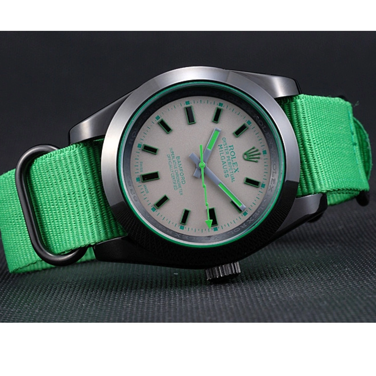 AAA replica watch 622004 Milgauss Strap Rolex Green Bamford Nylon 0212