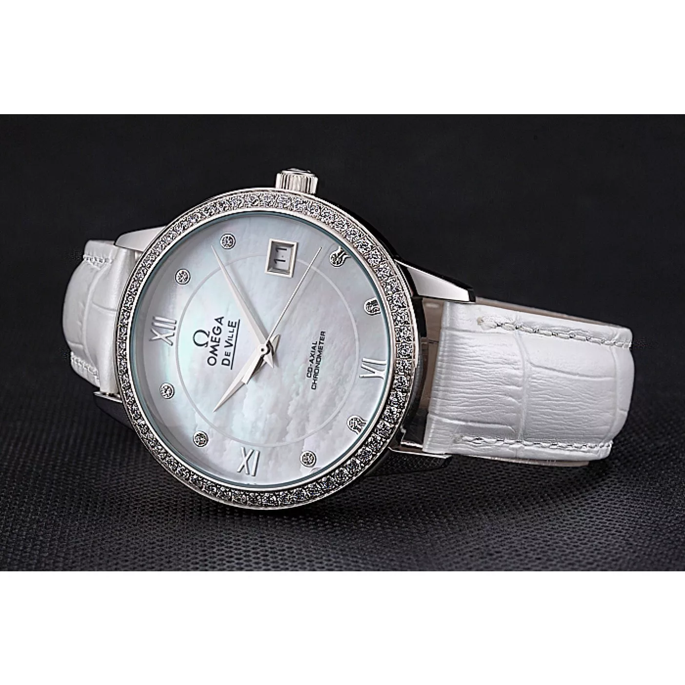 Good copy rolex watches Omega DeVille Prestige Co-Axial Diamond Silver Case Mother-Of-Pearl Dial White Leather Strap 0201