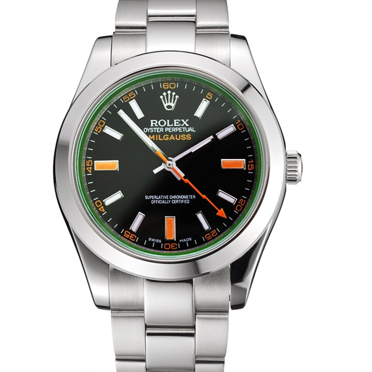 Good copy rolex watches And Bracelet Markings Rolex Black Swiss Milgauss Orange Dial Steel Case Stainless 0226