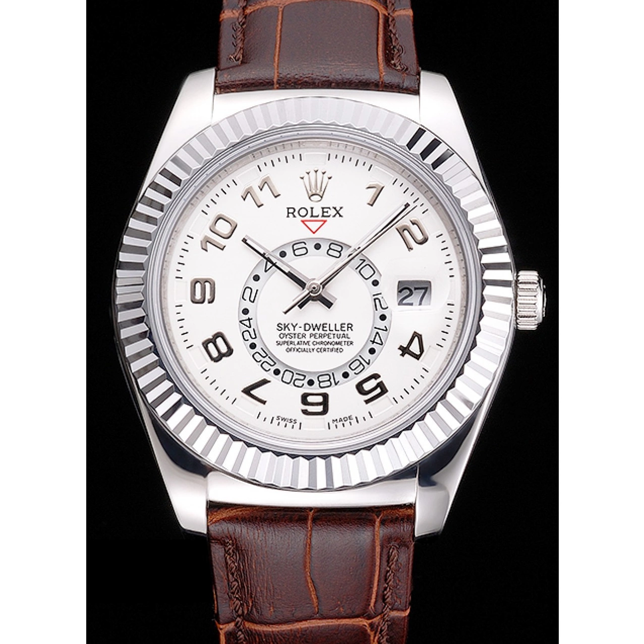 Rolex aaa copy Brown Stainless Rolex Leather Dweller White Dial Steel Sky Case Strap 0227