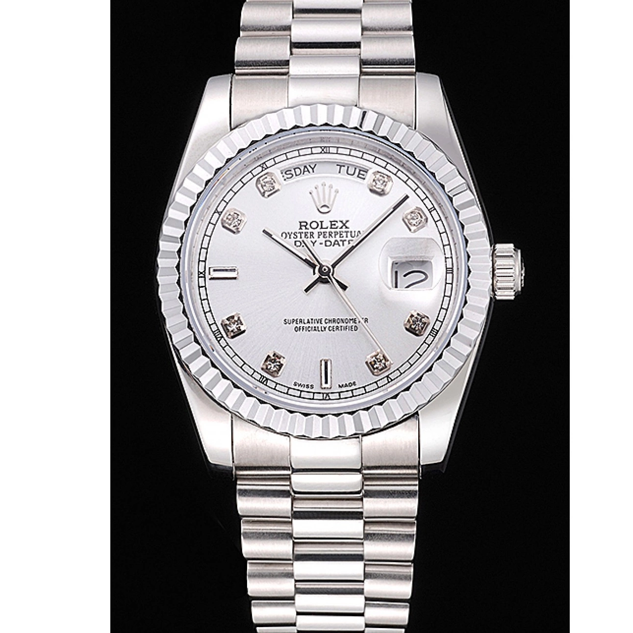 AAA replica watch Dial Rolex Steel Polished Stainless Silver Day-Date 0219