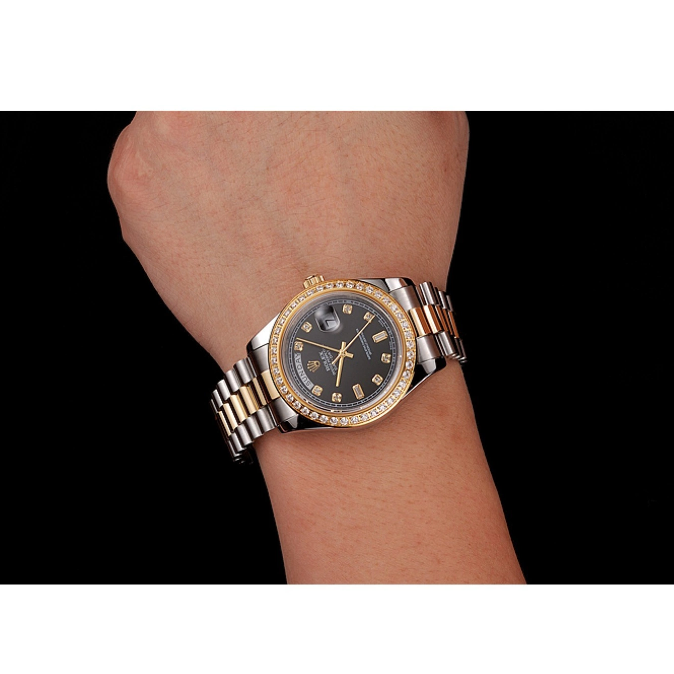 Rolex copies cheap Steel Diamond Gold Two Case Rolex Black Bracelet Dial Tone 1453976 Swiss Stainless Day-Date 0211