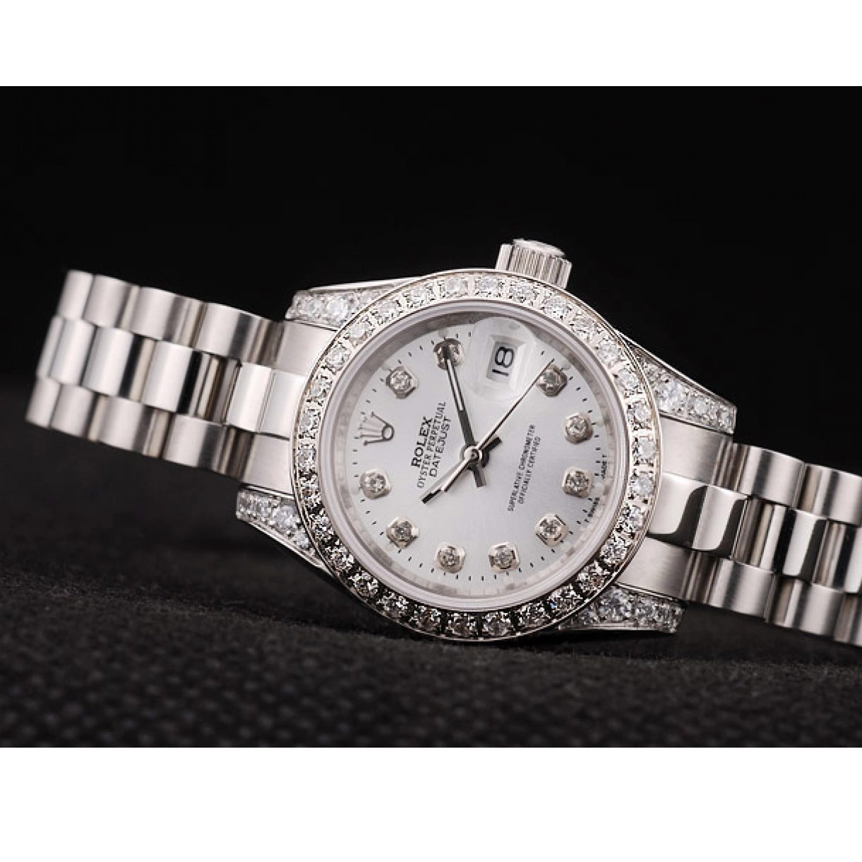 Good copy rolex watches Case Stainless Brushed Steel DateJust Dial Plated Plated Diamond Rolex Diamond White Bezel 0220