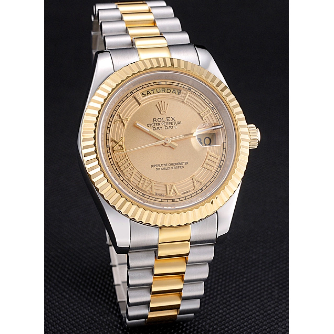 Rolex aaa copy Gold Tone Steel Two Plated 18k Stainless Day-Date Dial Rolex Gold 0225