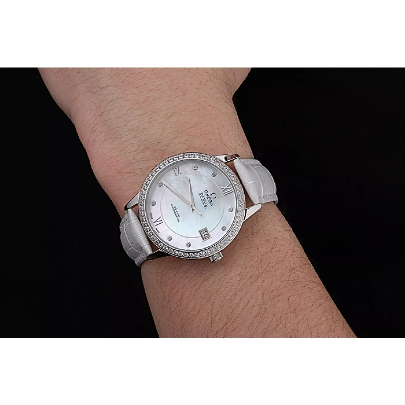 Good copy rolex watches Omega DeVille Prestige Co-Axial Diamond Silver Case Mother-Of-Pearl Dial White Leather Strap 0201