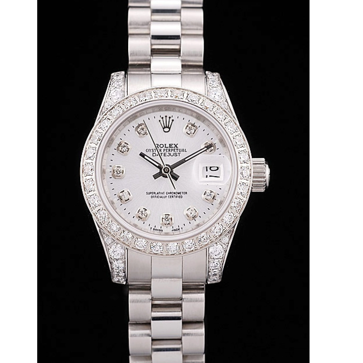 Good copy rolex watches Case Stainless Brushed Steel DateJust Dial Plated Plated Diamond Rolex Diamond White Bezel 0220