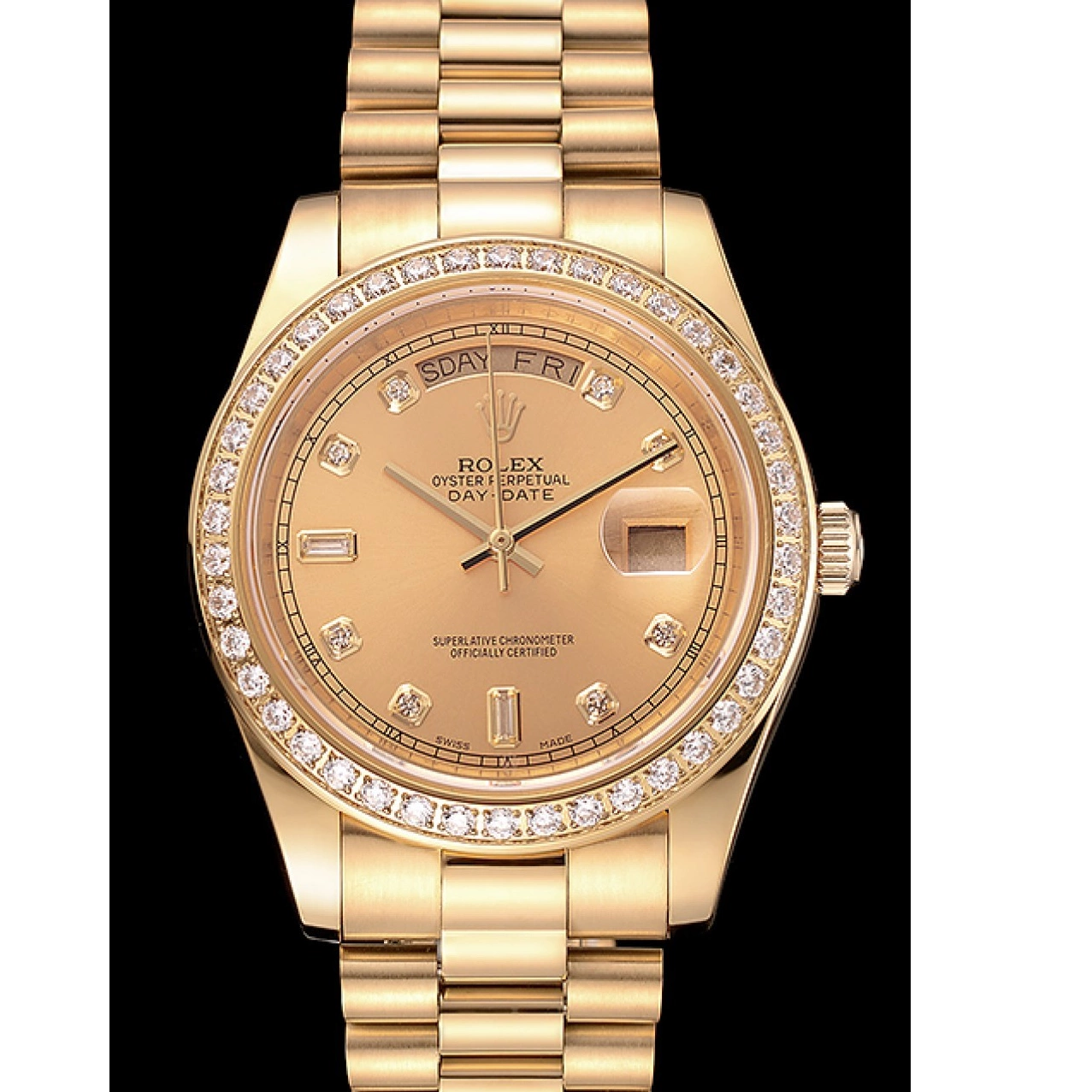 AAA replica watch Gold Champagne Day-Date Diamond Dial Bezel Swiss Bracelet Rolex 1454099 0227