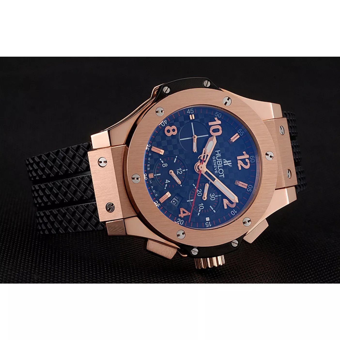 Rolex copies cheap Swiss Hublot Big Bang Carbon Effect Dial Rose Gold Case Black Rubber Bracelet 1453897 0205