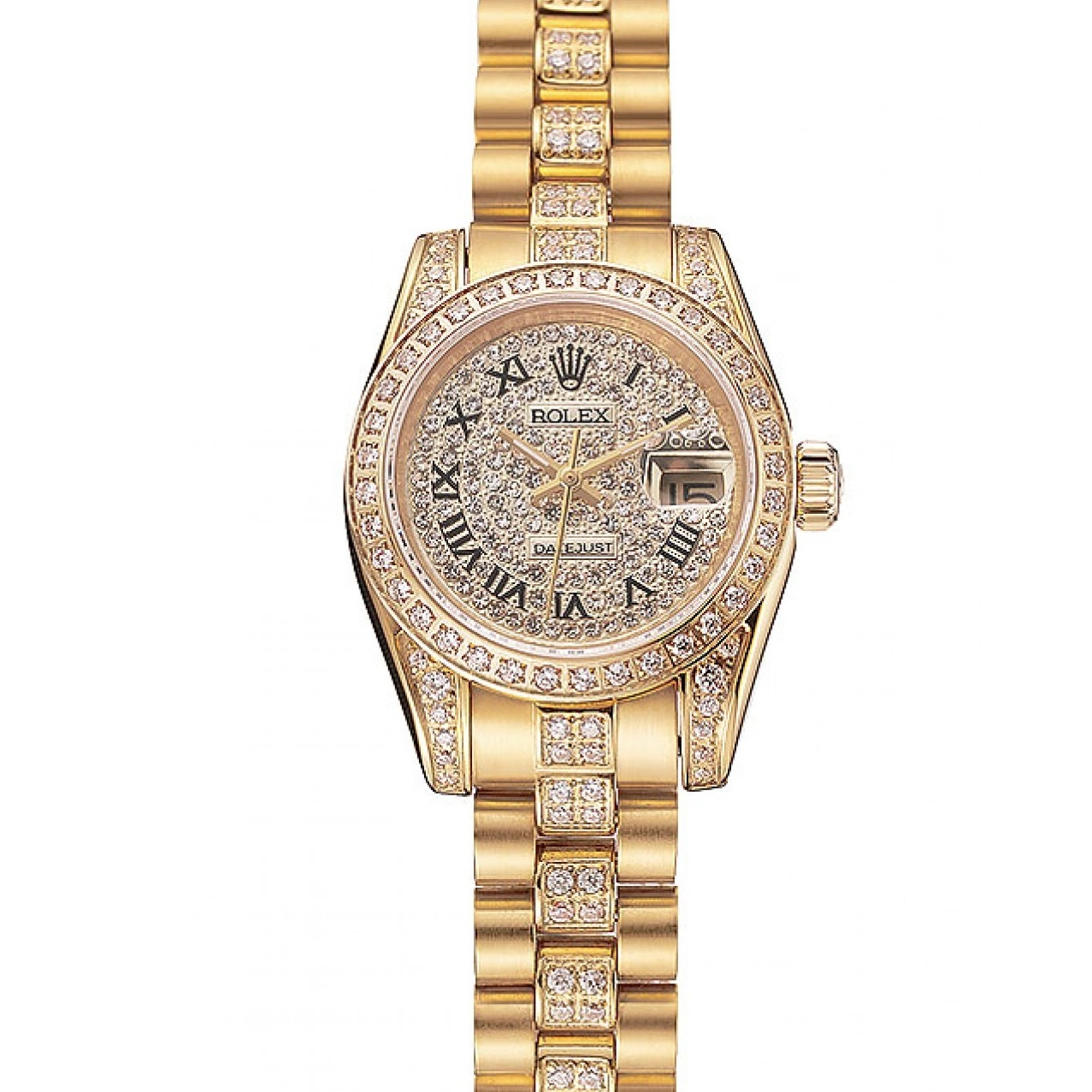 Good copy rolex watches Diamond Dial Pave Swiss Bracelet Diamond Gold 1453955 DayJust Rolex 0216