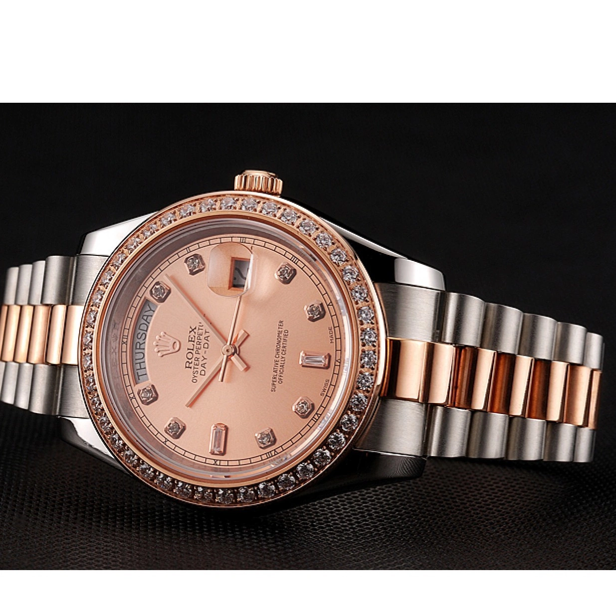 Good copy rolex watches 1454107 Bezel Gold Diamonds Swiss Steel Rose Bracelet And Staineless Day-Date Rolex 0220