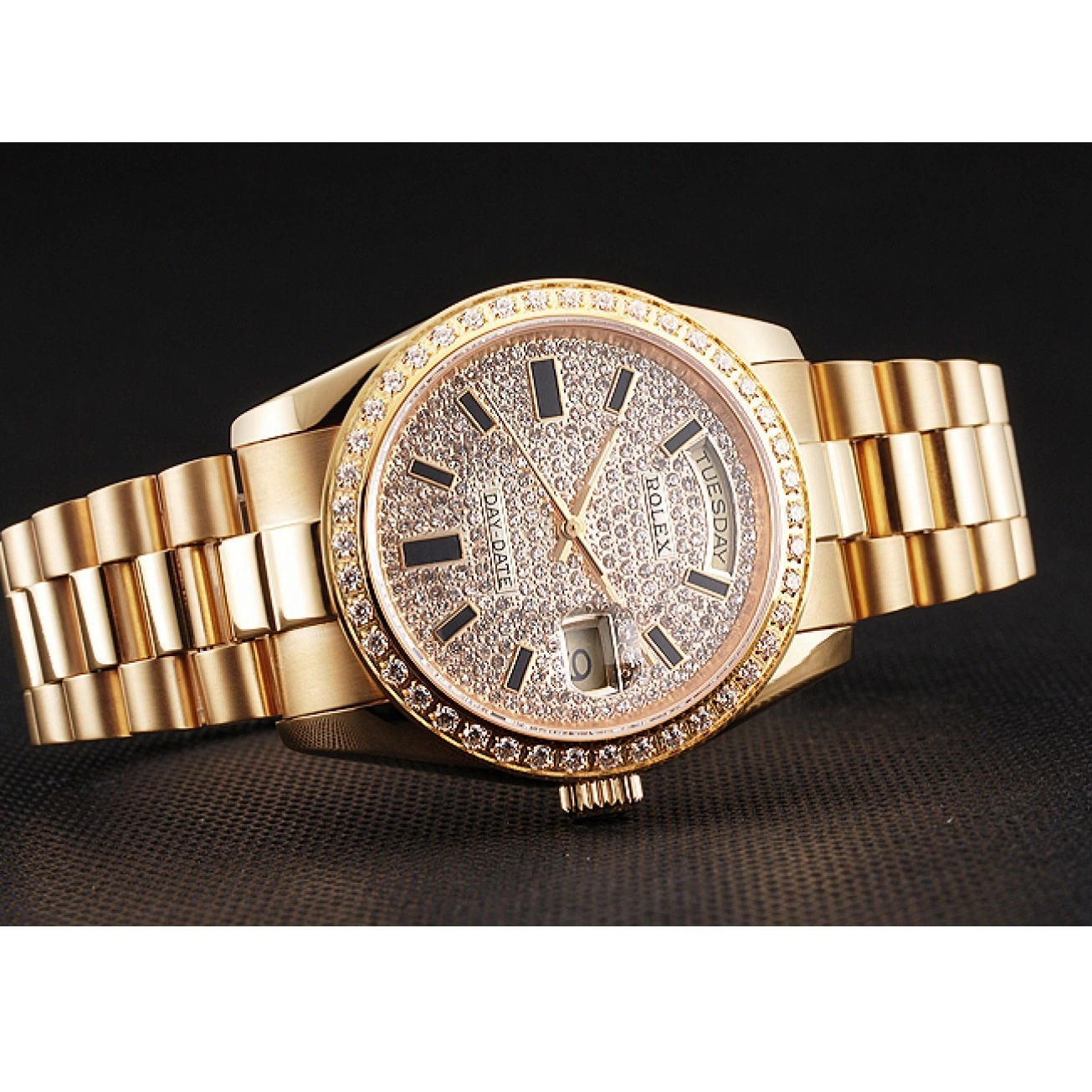 Rolex aaa copy Diamond Bezel Date Bracelet Case Swiss And Day Gold Pave And Rolex Dial 0210