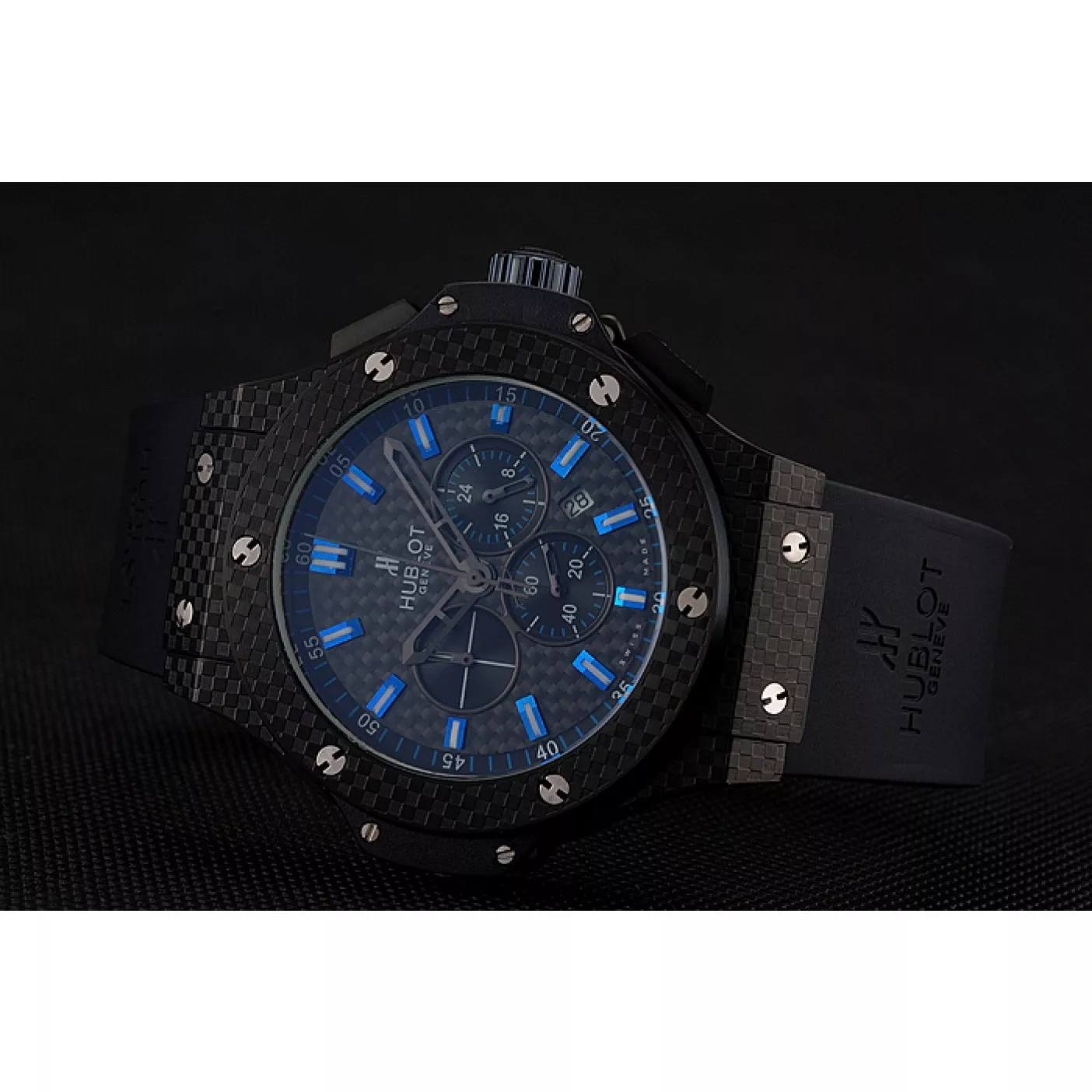 Good copy rolex watches Hublot Big Bang Carbon Dial With Blue Markings Carbon Case And Bezel Black Rubber Strap 622774 0205