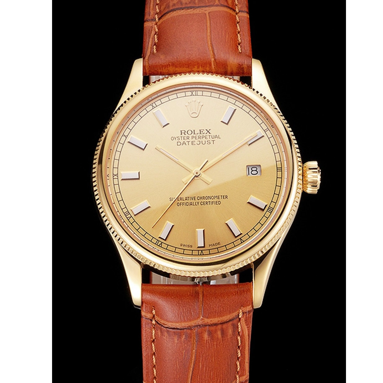 Rolex aaa copy Gold Dial Leather Case Rolex Gold Strap Brown Datejust Swiss Light 0226