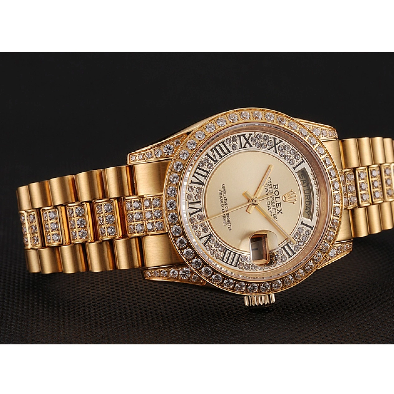 AAA replica watch Gold Diamond Diamond Dial Gold Swiss Bracelet 1453954 Pave Rolex Day-Date 0213