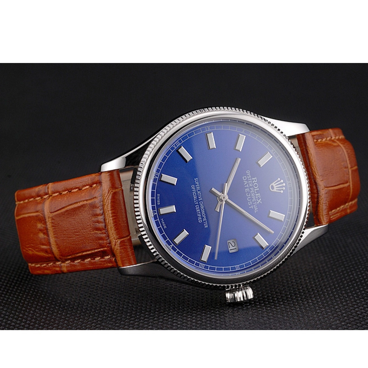 Rolex aaa copy Swiss Case Datejust Stainless Steel Brown Rolex Dial Leather Light Blue Strap 0225