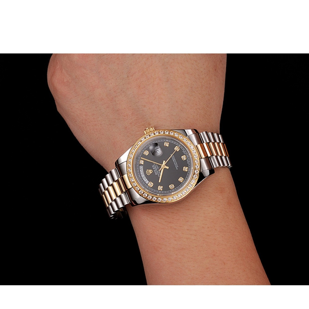 AAA replica watch Day-Date Gold Two Case Black Bracelet Stainless Rolex Dial Tone Diamond Swiss Steel 1453975 0222