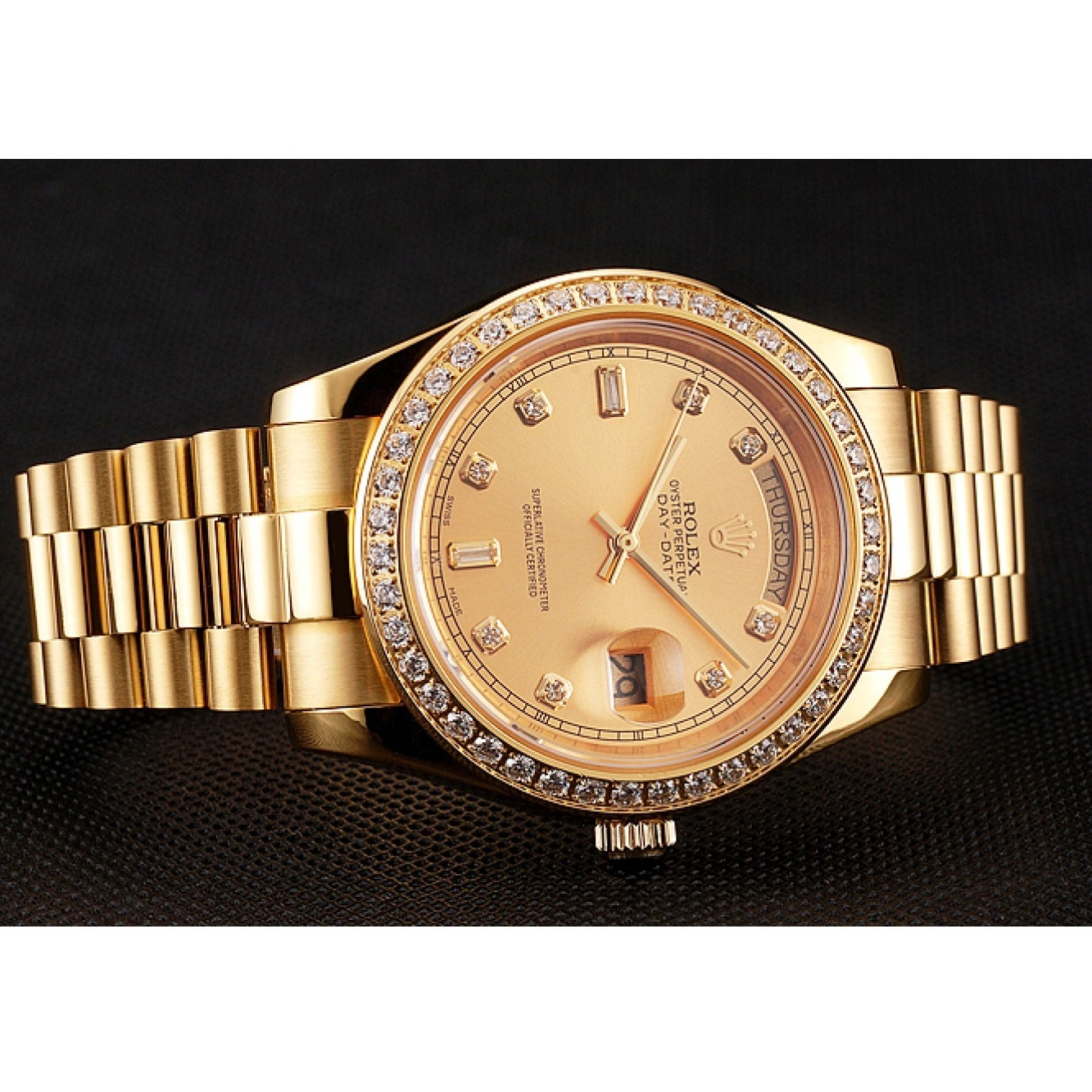 AAA replica watch Gold Champagne Day-Date Diamond Dial Bezel Swiss Bracelet Rolex 1454099 0227