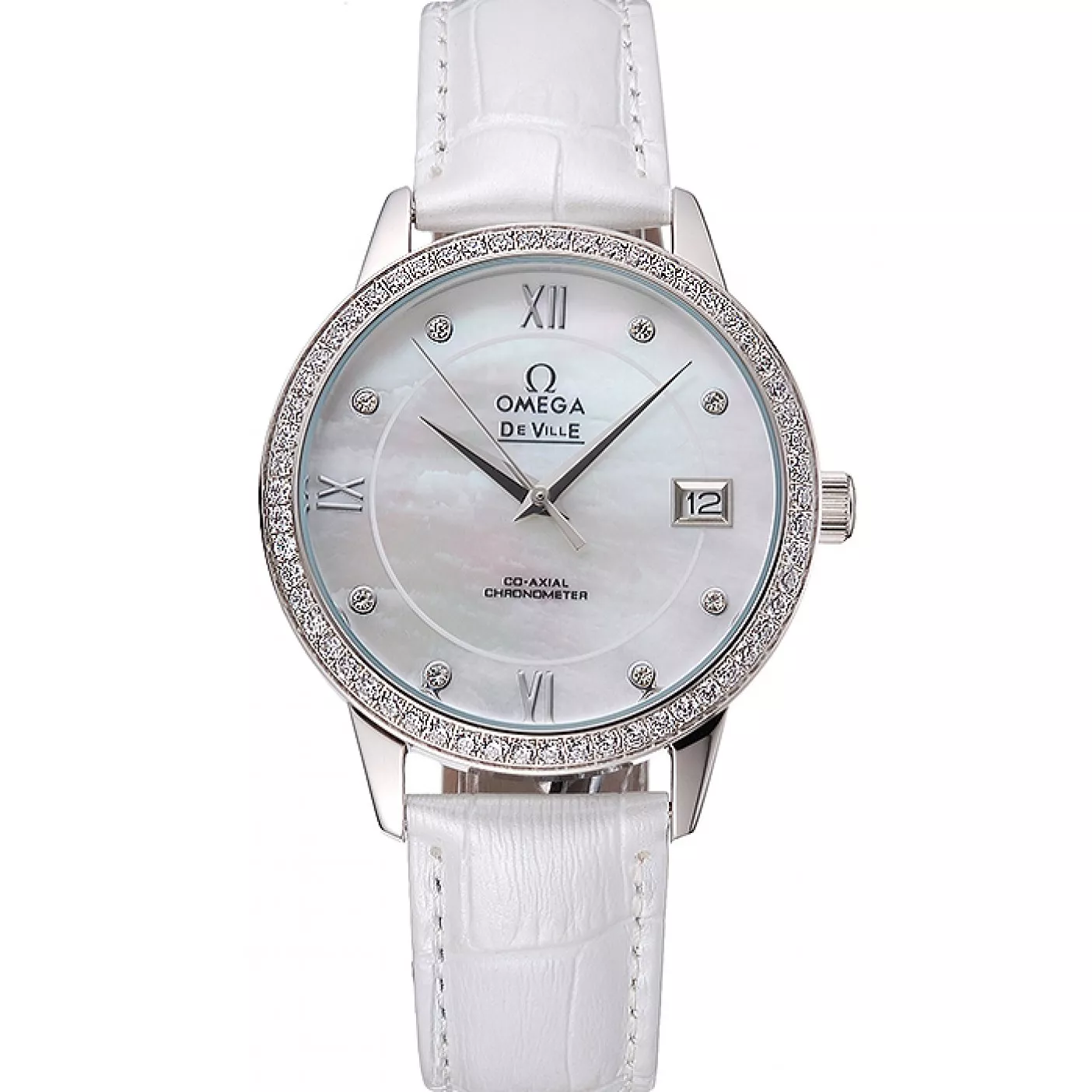 Good copy rolex watches Omega DeVille Prestige Co-Axial Diamond Silver Case Mother-Of-Pearl Dial White Leather Strap 0201