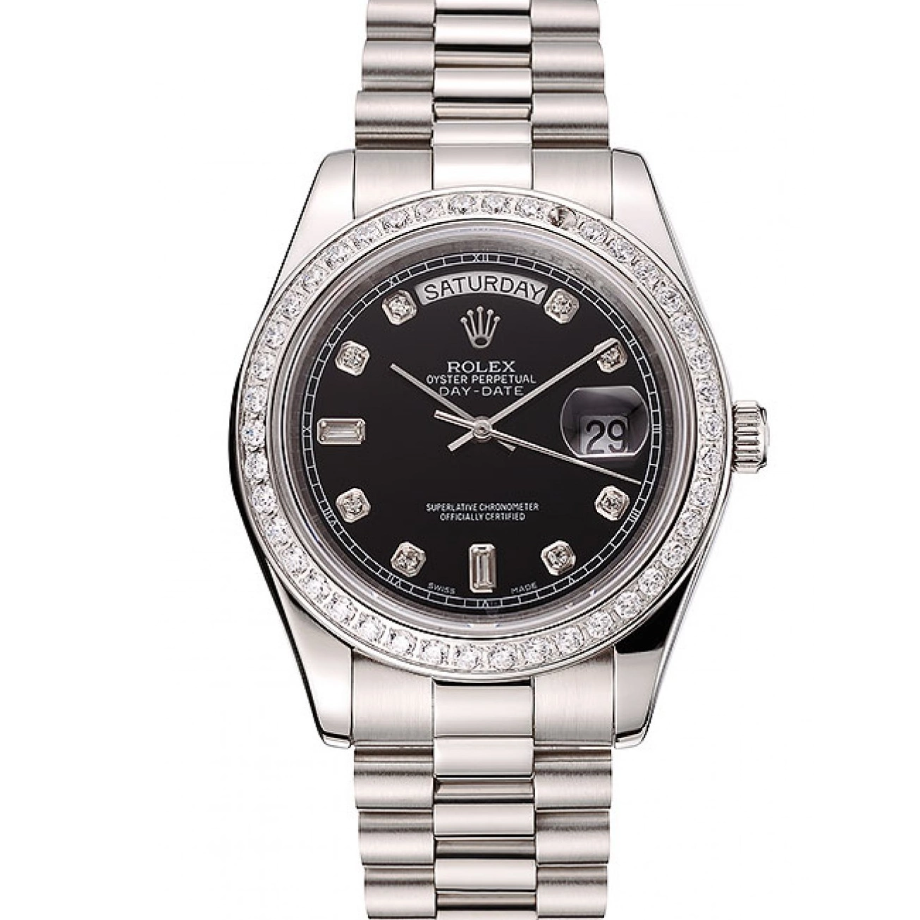 Rolex copies cheap Diamond Bracelet Case Day-Date Steel Diamond Swiss Rolex Dial Stainless Numerals Black 1453966 0212