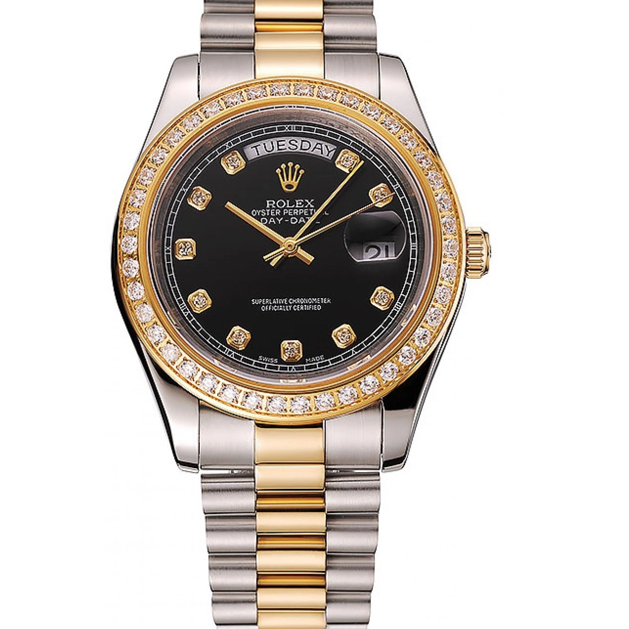 AAA replica watch Day-Date Gold Two Case Black Bracelet Stainless Rolex Dial Tone Diamond Swiss Steel 1453975 0222