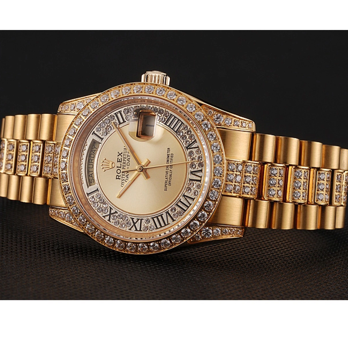 AAA replica watch Gold Diamond Diamond Dial Gold Swiss Bracelet 1453954 Pave Rolex Day-Date 0213