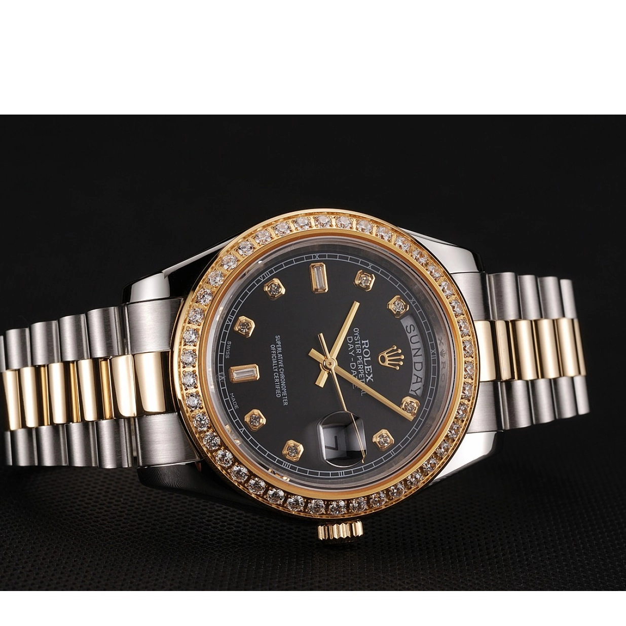 Rolex copies cheap Steel Diamond Gold Two Case Rolex Black Bracelet Dial Tone 1453976 Swiss Stainless Day-Date 0211