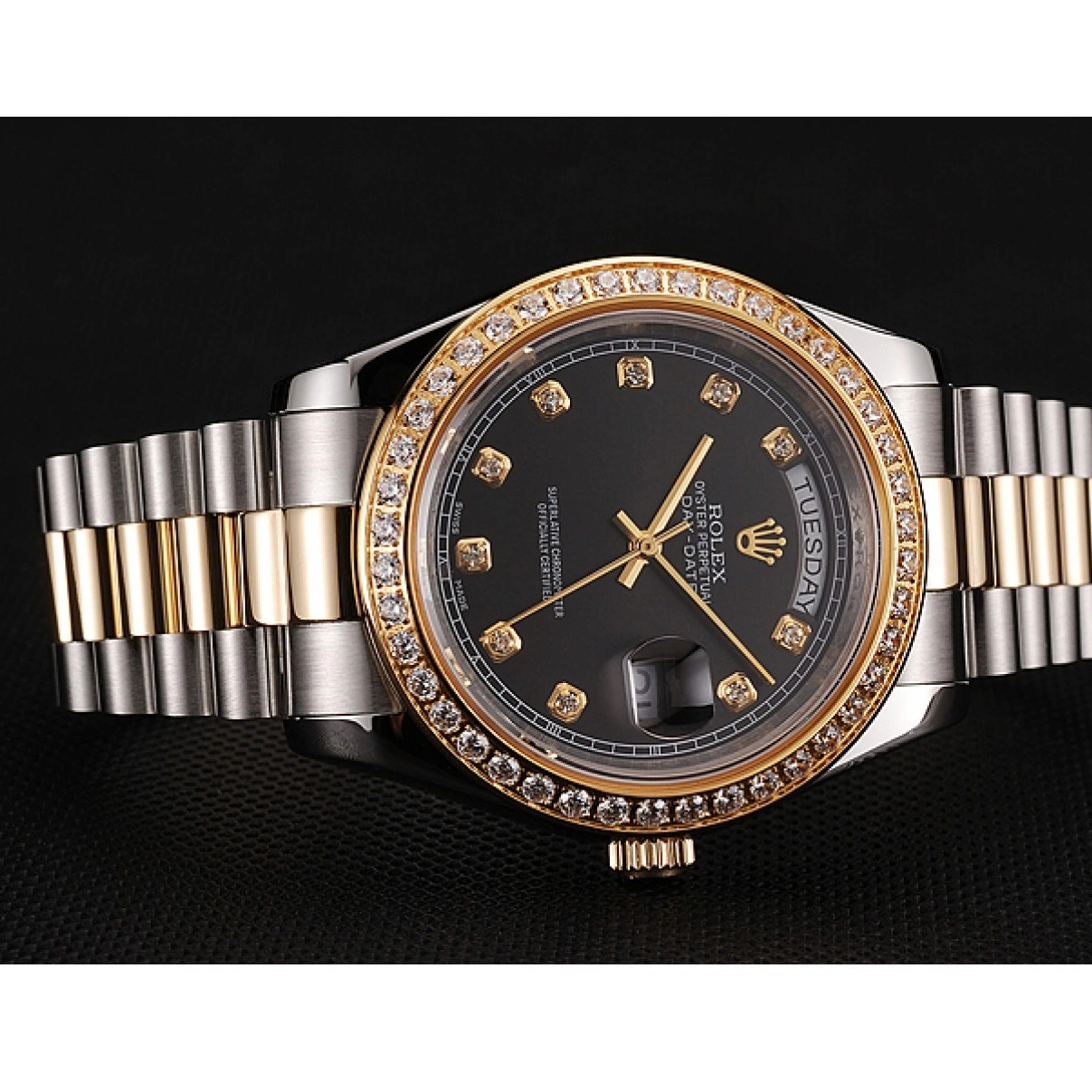 AAA replica watch Day-Date Gold Two Case Black Bracelet Stainless Rolex Dial Tone Diamond Swiss Steel 1453975 0222