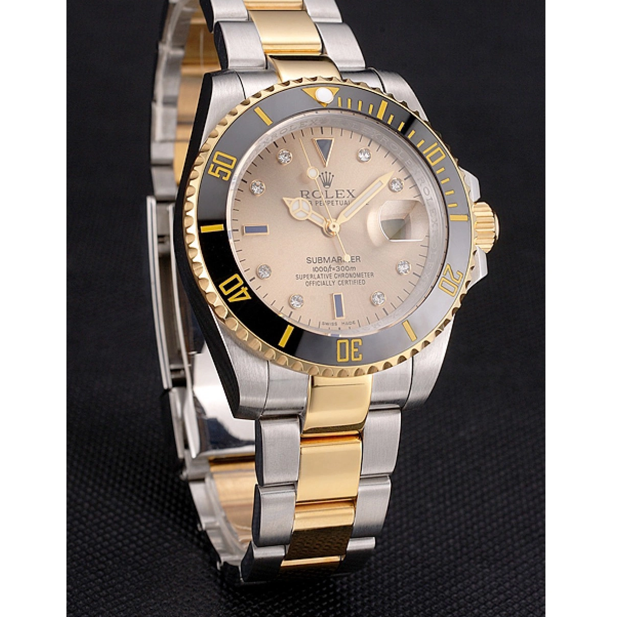 Good copy rolex watches Bezel Rolex Submariner Tone Gold Gold Black Steel Diamond Swiss Markings Bracelet Dial Two 0210