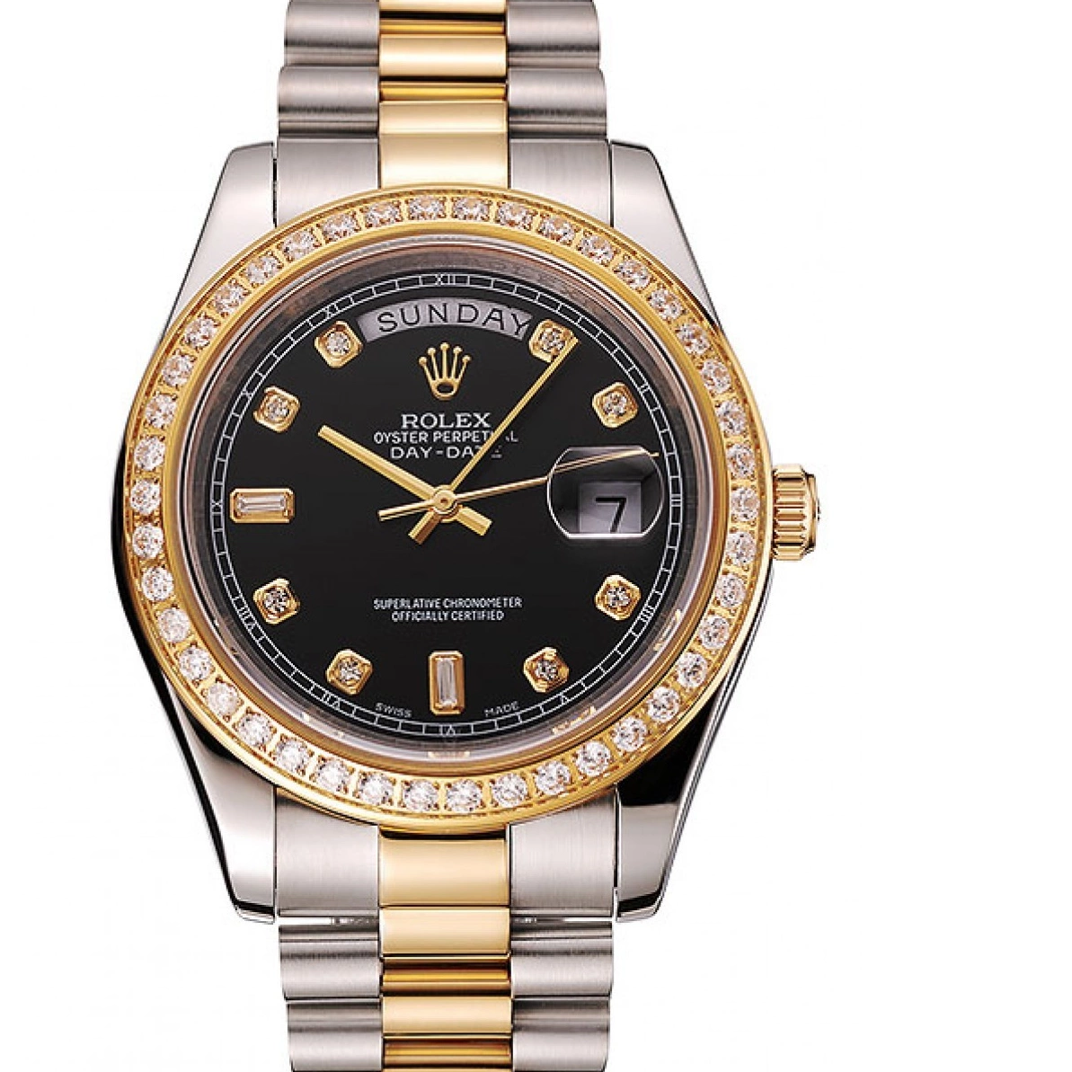 Rolex copies cheap Steel Diamond Gold Two Case Rolex Black Bracelet Dial Tone 1453976 Swiss Stainless Day-Date 0211