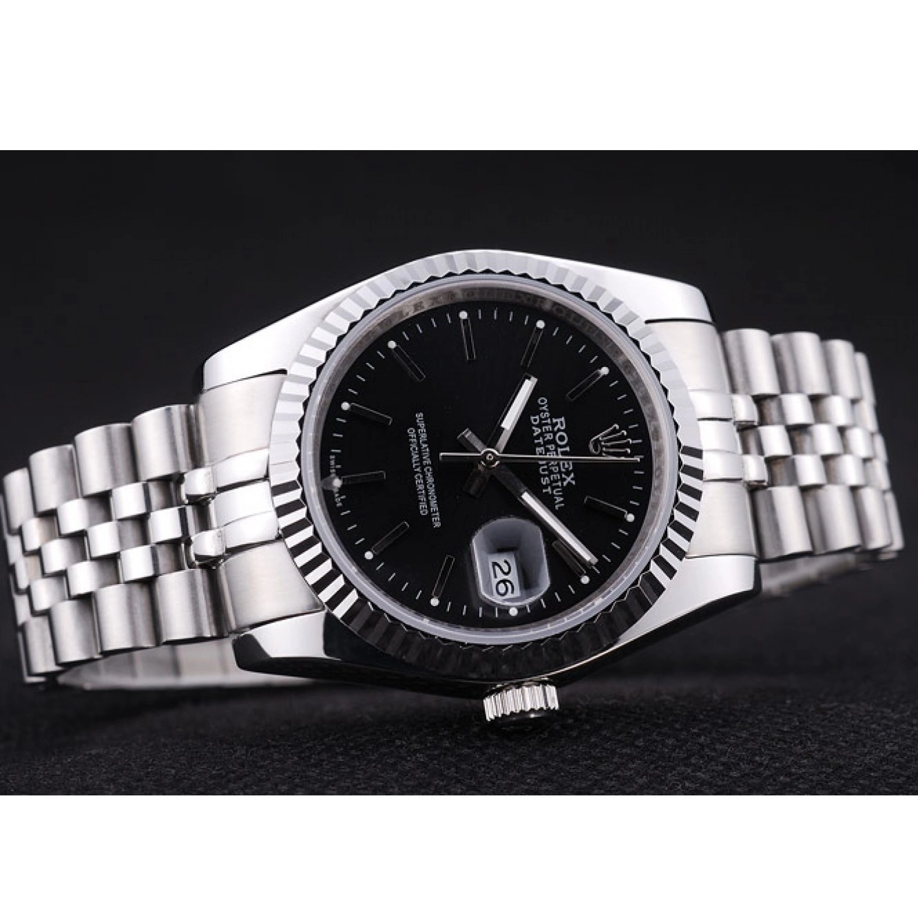 AAA replica watch Diamonds Dial Datejust Rolex Black Bezel 7456 Ribbed 0216