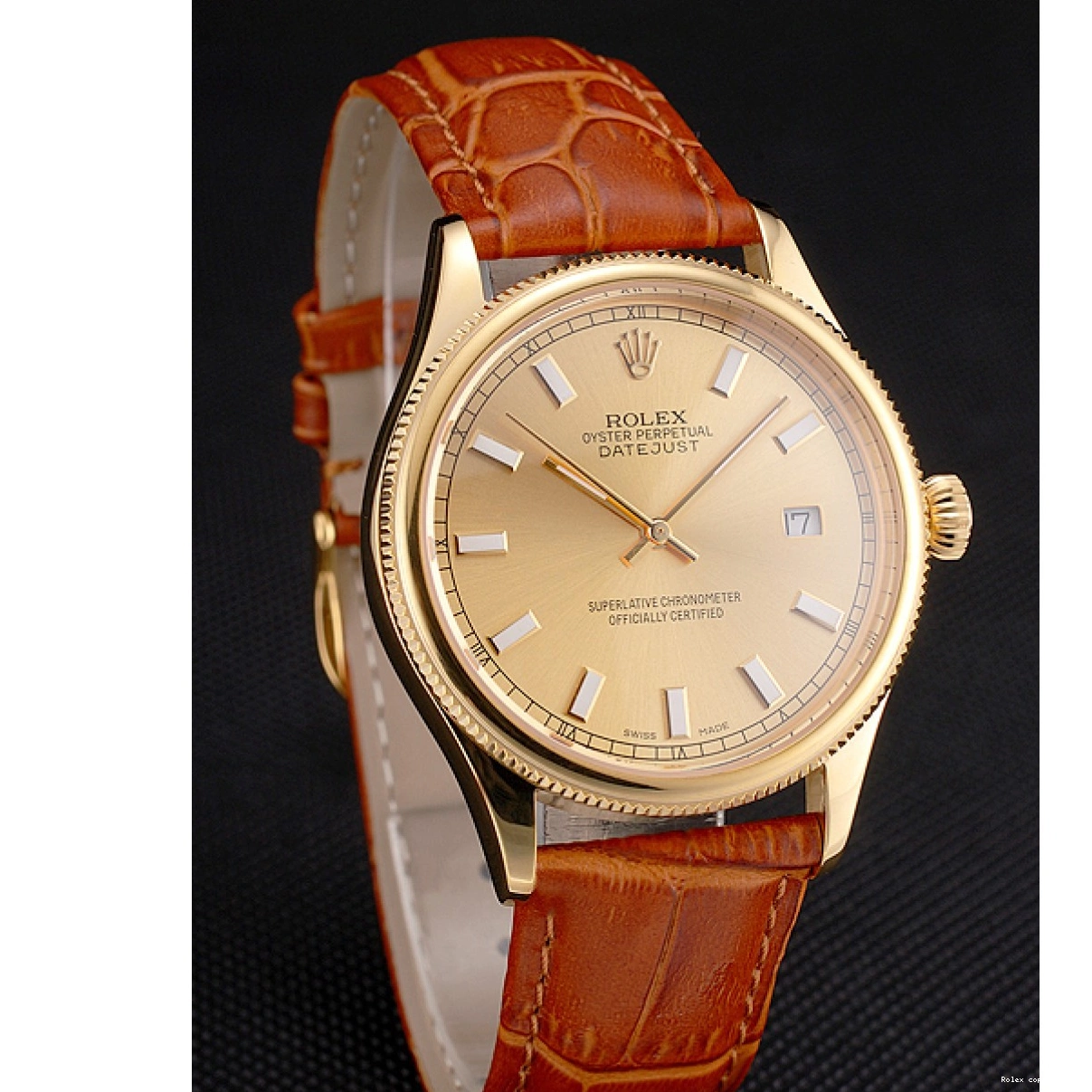 AAA replica watch Light Dial Gold Brown Datejust Swiss Leather Case Gold Strap Rolex 0212