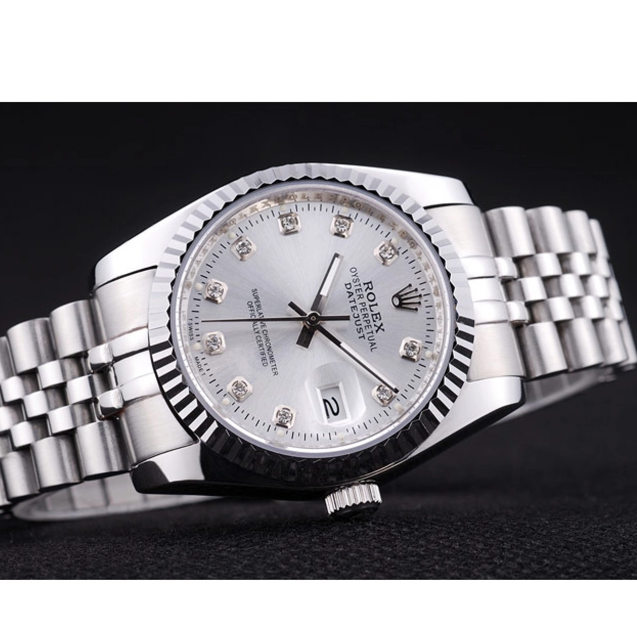 Rolex aaa copy 7455 Rolex Datejust Ribbed Diamonds Bezel Silver Dial 0216