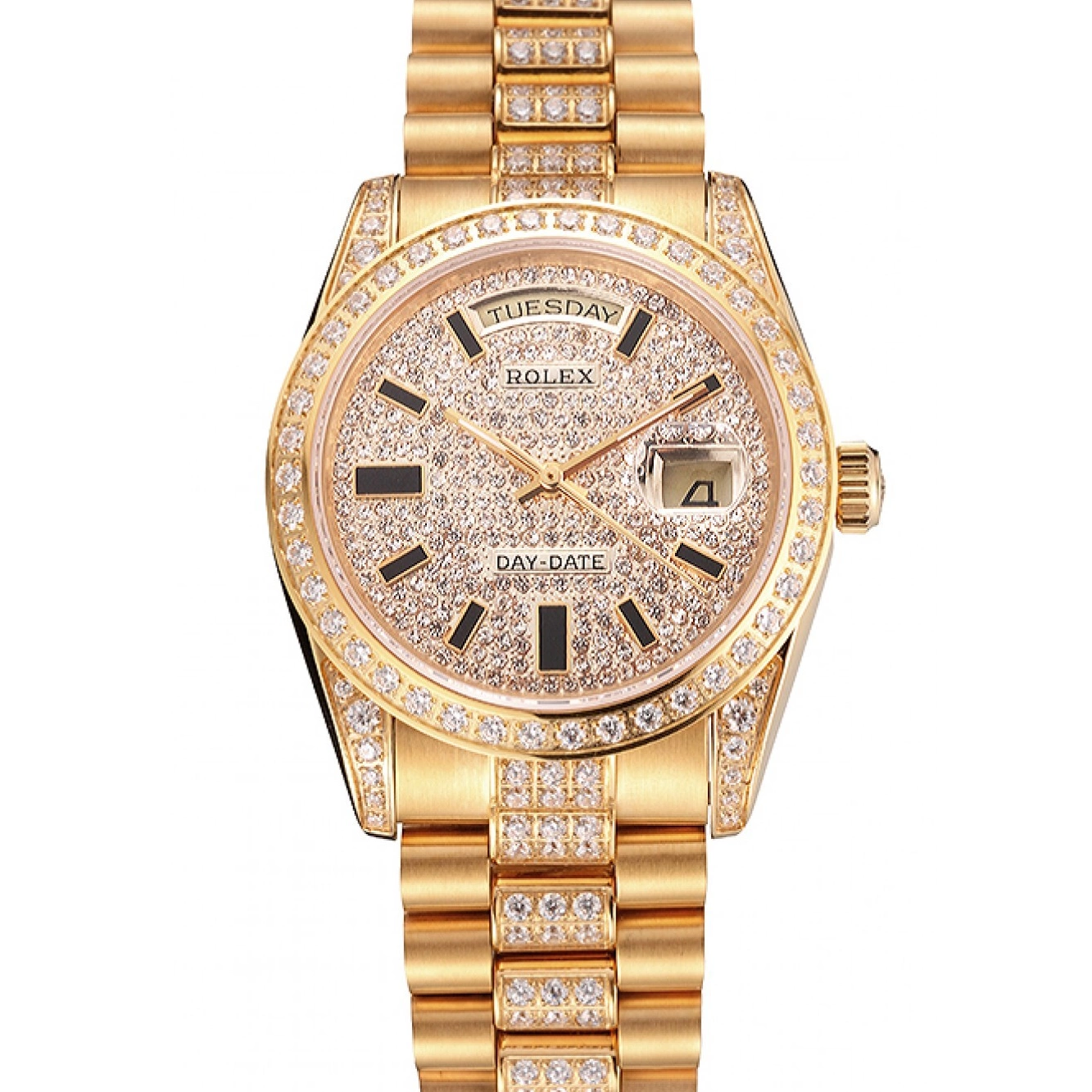 AAA replica watch Diamond Yellow Date Swiss Gold Pave Day Rolex 0211