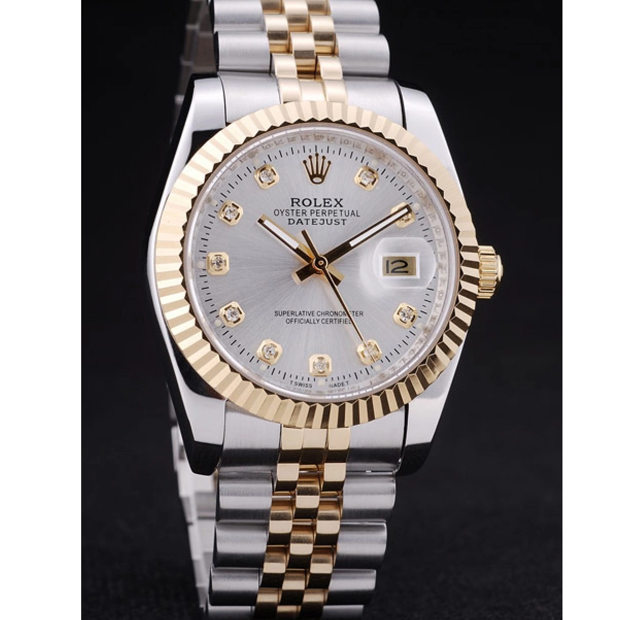 AAA replica watch Rolex 7454 Silver Diamonds Datejust Bezel Ribbed Dial 0210