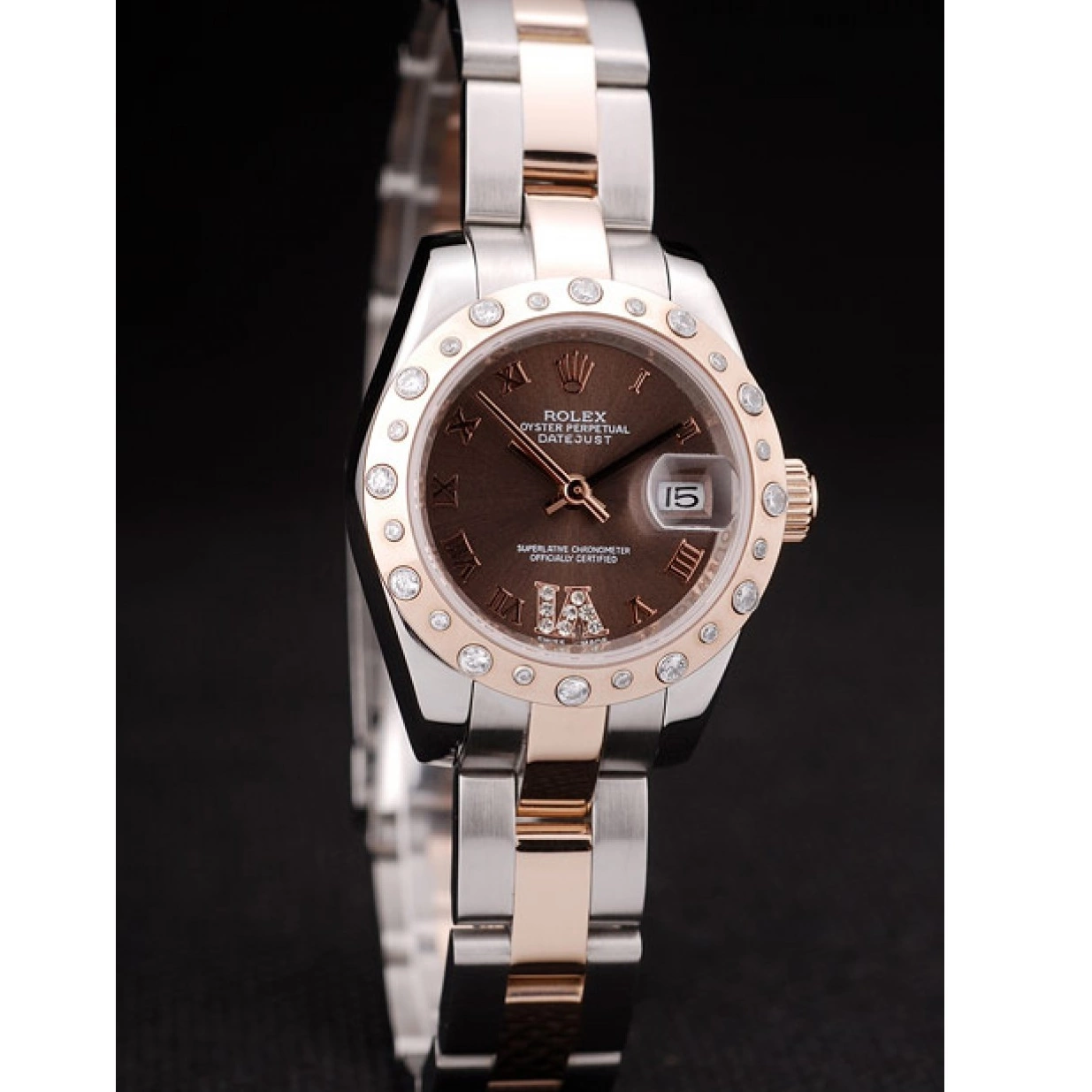 Rolex copies cheap Plated Diamond Case Steel Brown Rolex Dial Stainless Brushed DateJust 0224