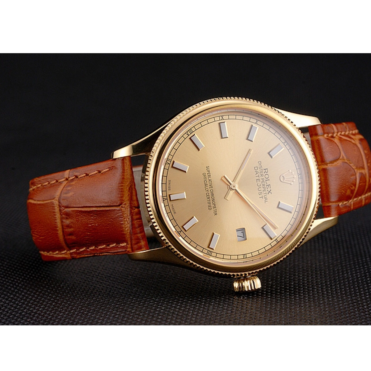 Rolex aaa copy Gold Dial Leather Case Rolex Gold Strap Brown Datejust Swiss Light 0226