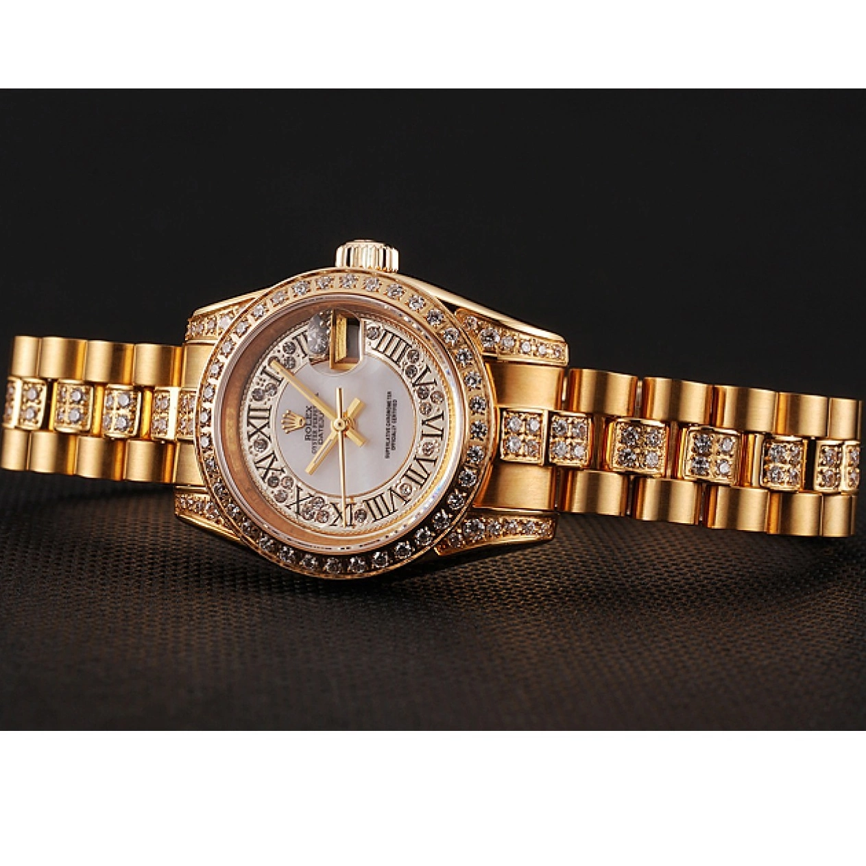 Good copy rolex watches Bracelet White Diamond Gold Dial Pave Diamond DayJust 1453957 Swiss Rolex 0212