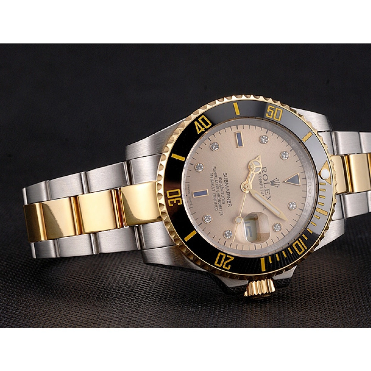 Good copy rolex watches Bezel Rolex Submariner Tone Gold Gold Black Steel Diamond Swiss Markings Bracelet Dial Two 0210