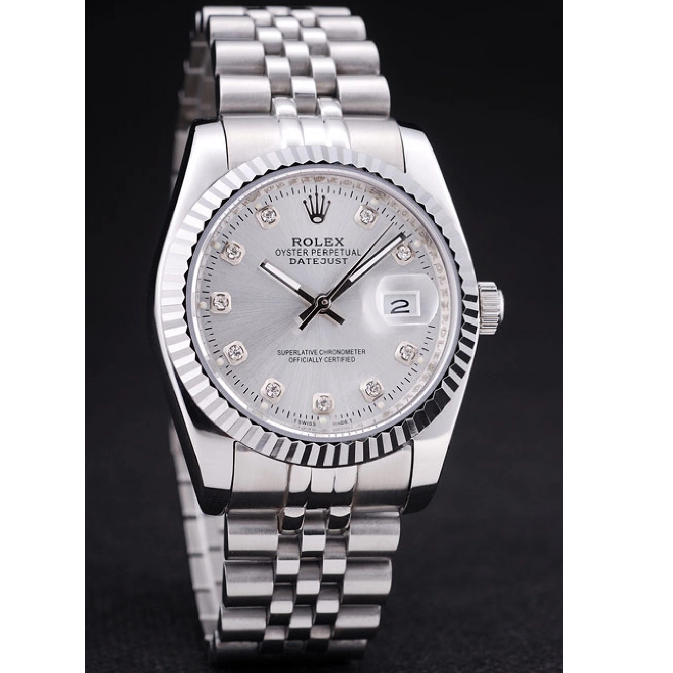 Rolex aaa copy 7455 Rolex Datejust Ribbed Diamonds Bezel Silver Dial 0216