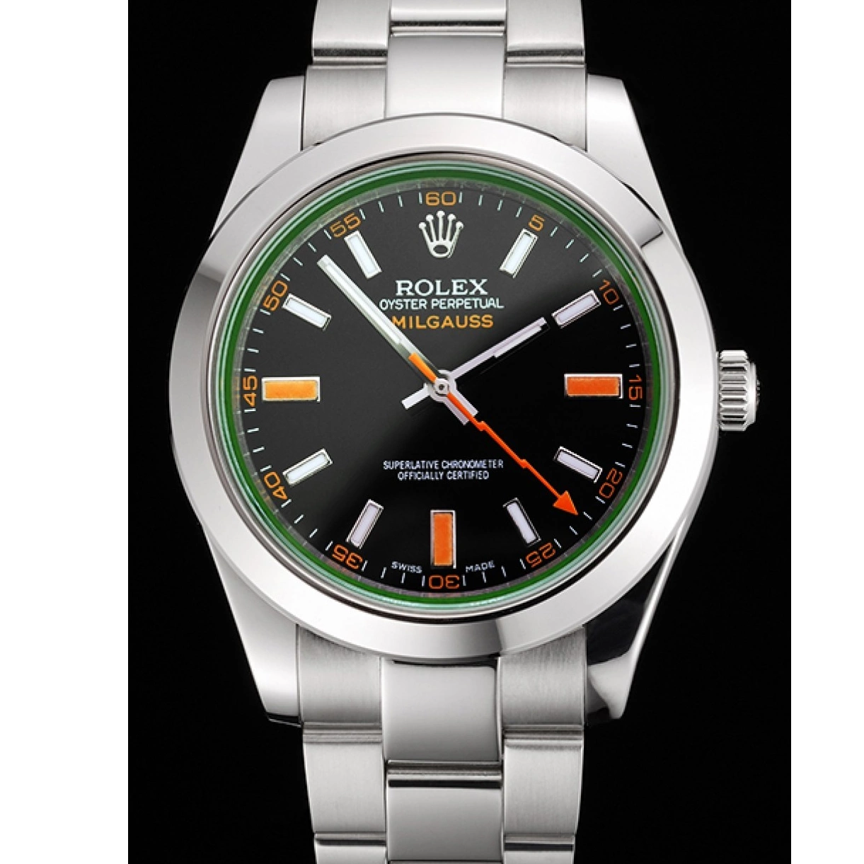 Good copy rolex watches And Bracelet Markings Rolex Black Swiss Milgauss Orange Dial Steel Case Stainless 0226