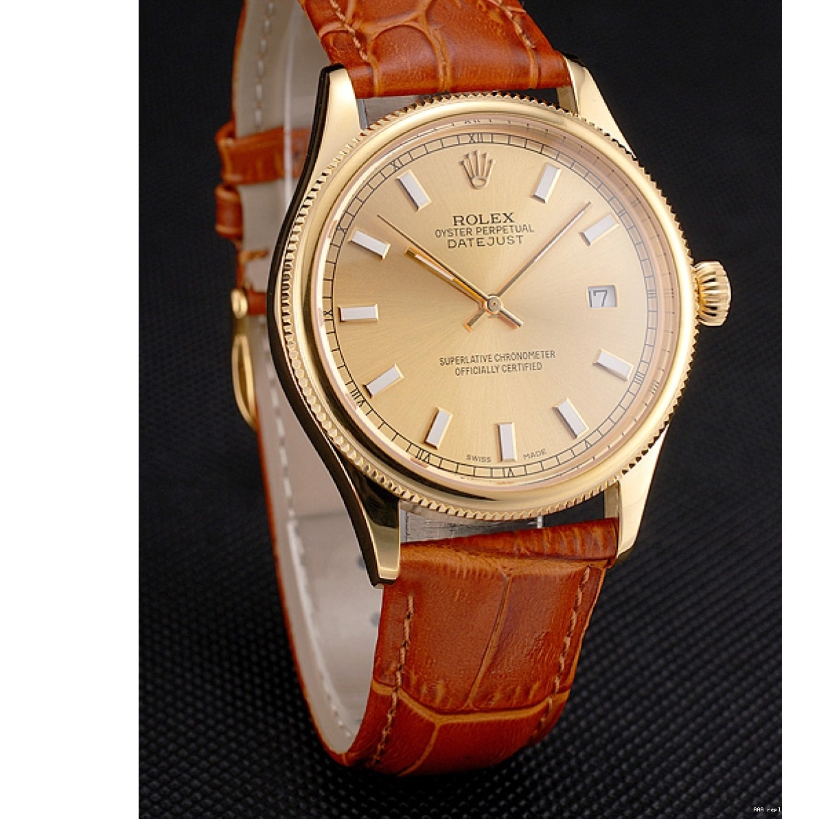 Rolex aaa copy Gold Dial Leather Case Rolex Gold Strap Brown Datejust Swiss Light 0226